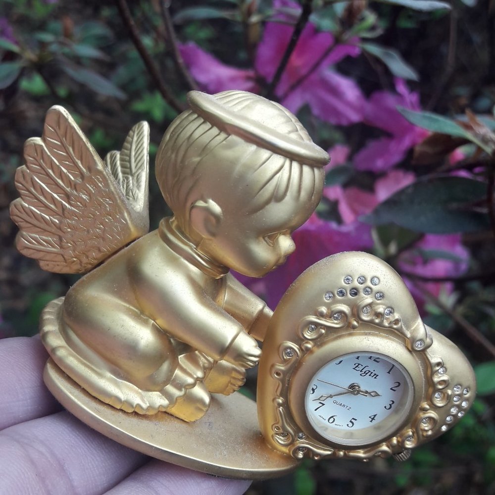 Cherub Clock Golden Mini Clock Cupid Angel by Elgin
